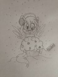 Size: 774x1033 | Tagged: safe, artist:ilikepudding24, derpy hooves, pony, g4, clothes, earmuffs, female, food, giant food, how, monochrome, muffin, pencil drawing, scarf, snow, snowfall, solo, tongue out, traditional art