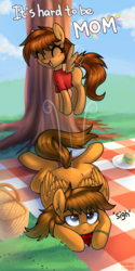Size: 2000x4000 | Tagged: safe, artist:gicme, oc, oc only, pegasus, pony, ants, basket, duo, female, filly, mare, picnic basket, picnic blanket, sigh, tree, unamused, ych result