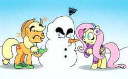 Size: 400x248 | Tagged: safe, artist:cailauniverse, applejack, fluttershy, earth pony, pegasus, pony, g4, clothes, crossover, earmuffs, gloves, male, nintendo, scarf, snow, snowman, super mario bros., wario, winter, winter outfit