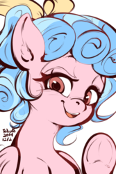 Size: 1012x1517 | Tagged: safe, artist:tohupo, cozy glow, pegasus, pony, bust, cozybetes, cute, female, filly, freckles, frog (hoof), looking at you, mare, open mouth, raised hoof, simple background, smiling, solo, underhoof, white background