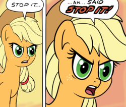 Size: 800x677 | Tagged: safe, artist:undisputed, applejack, earth pony, pony, g4, 4chan, accent, angry, applejack's hat, comic, cowboy hat, drawthread, female, funny, hat, mare, meme, reaction image, solo, stop it, superman, yelling