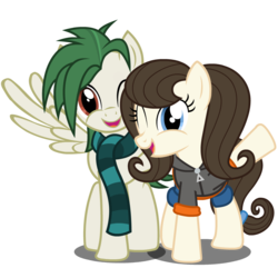 Size: 1000x1000 | Tagged: safe, artist:flash equestria photography, derpibooru exclusive, oc, oc:dizzy strings, oc:radiant nimbus, earth pony, pegasus, pony, 2020 community collab, derpibooru community collaboration, clothes, duo, hoodie, male, oc x oc, one eye closed, scarf, shipping, show accurate, straight, transparent background, vector, waving, wing wave, wink
