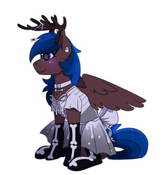 Size: 1600x1700 | Tagged: safe, artist:dragonfrootii, oc, oc only, oc:kistile glow, pegasus, pony, antlers, clothes, collar, costume, crossdressing, femboy, glasses, male, reindeer antlers, simple background, skeleton costume, skirt, socks, solo, white background