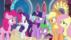 Size: 1920x1080 | Tagged: safe, screencap, applejack, fluttershy, pinkie pie, rarity, spike, twilight sparkle, alicorn, dragon, earth pony, pegasus, pony, unicorn, between dark and dawn, g4, female, freckles, looking at each other, male, mare, scroll, twilight sparkle (alicorn), winged spike, wings