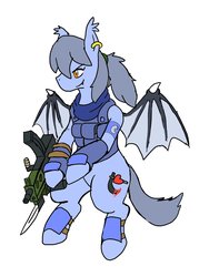 Size: 1466x2048 | Tagged: safe, artist:omegapony16, oc, oc only, oc:oriponi, bat pony, pony, bat pony oc, bayonet, bipedal, clothes, ear piercing, earring, gun, jewelry, piercing, simple background, soldier, solo, spread wings, vest, weapon, white background, wings
