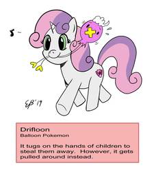 Size: 848x942 | Tagged: safe, artist:cartoon-eric, sweetie belle, drifloon, pony, unicorn, g4, crossover, cute, diasweetes, female, mouth hold, pokémon, solo