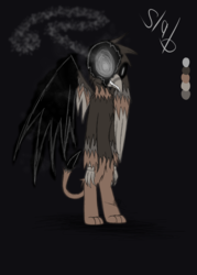Size: 1000x1400 | Tagged: safe, artist:didun850, oc, oc only, oc:chocolate cake, griffon, black sclera, clothes, glowing eyes, heterochromia, possessed, reference sheet, solo, sombra eyes