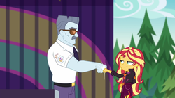 Size: 1920x1080 | Tagged: safe, screencap, max steele, sunset shimmer, equestria girls, equestria girls series, g4, sunset's backstage pass!, spoiler:eqg series (season 2), female, fist bump, male, outdoors, pine tree, security guard, sunglasses, tree