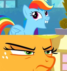 Size: 1134x1197 | Tagged: safe, screencap, applejack, rainbow dash, earth pony, pegasus, pony, g4, grannies gone wild, newbie dash, angry, bucktooth, female, forthright filly, freckles, hair, hairstyle, imitation, mare, this will end in pain, this will not end well, yeehaw