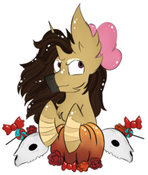 Size: 789x930 | Tagged: safe, artist:hunterthewastelander, oc, oc only, oc:warcry, pony, unicorn, candy, chest fluff, commission, ear fluff, female, flower, food, horn, impossibly large ears, mare, pumpkin, simple background, skull, solo, transparent background, unicorn oc, ych result