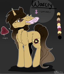 Size: 528x608 | Tagged: safe, artist:fluffideer, oc, oc only, oc:warcry, pony, unicorn, ear piercing, female, hair over one eye, horn, mare, piercing, reference sheet, solo, unicorn oc