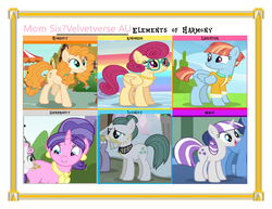 Size: 1017x786 | Tagged: safe, edit, edited screencap, screencap, cloudy quartz, cookie crumbles, pear butter, posey shy, twilight velvet, windy whistles, earth pony, pony, flutter brutter, g4, hearthbreakers, inspiration manifestation, parental glideance, the cutie mark chronicles, the perfect pear, element of generosity, element of honesty, element of kindness, element of laughter, element of loyalty, element of magic, elements of harmony, mom six