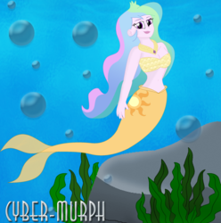 Size: 2504x2520 | Tagged: safe, artist:cyber-murph, princess celestia, principal celestia, mermaid, equestria girls, g4, bandeau, beautiful, belly, belly button, flowing hair, high res, jewelry, mermaidized, midriff, necklace, rock, scales, sealestia, seaweed, signature, solo, species swap, underwater