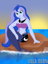 Size: 1508x2016 | Tagged: safe, artist:cyber-murph, princess luna, vice principal luna, mermaid, equestria girls, g4, bandeau, beach, belly, belly button, jewelry, long hair, looking at you, mermaid tail, mermaidized, midriff, necklace, ocean, rock, sitting, species swap, sunset