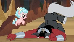 Size: 1280x720 | Tagged: safe, screencap, cozy glow, lord tirek, centaur, pegasus, pony, frenemies (episode), g4, season 9, better way to be bad, bow, butt, clenched fist, cloven hooves, colored hooves, curly hair, cute, duo, evil lair, face down ass up, faceplant, female, filly, flapping, flying, foal, for all this pain and torture i swear you'll pay, freckles, grogar's lair, hair bow, horns, lair, male, muscles, plot, silly, silly centaur, singing, smiling, spread wings, tail bow, tirebetes, tirump, wings