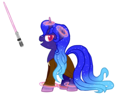 Size: 1005x795 | Tagged: safe, artist:fire-topaz, oc, oc only, oc:satora, pony, clothes, crossover, ethereal mane, glowing horn, horn, jedi, lightsaber, magic, simple background, solo, star wars, starry eyes, starry mane, telekinesis, transparent background, weapon, wingding eyes