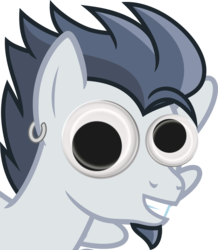 Size: 1200x1374 | Tagged: safe, artist:cheezedoodle96, rumble, pegasus, pony, g4, cropped, ear piercing, earring, facial hair, goatee, googly eyes, jewelry, male, older, older rumble, piercing, simple background, smiling, solo, stallion, transparent background, wat
