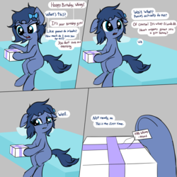 Size: 4096x4096 | Tagged: safe, artist:wenni, oc, oc only, oc:whinny, earth pony, pony, bed, birthday, birthday gift, bittersweet, blank flank, bow, box, comic, dialogue, feels, female, hair bow, mare, open mouth, sad, sitting, solo, underhoof
