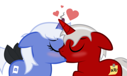 Size: 1527x917 | Tagged: safe, artist:hazy skies, oc, oc only, oc:blank check, unnamed oc, pony, unicorn, blushing, bow, discord (program), duo, duo male and female, eyebrows, eyes closed, female, floating heart, floppy ears, heart, kiss on the lips, kissing, love, male, mare, oc x oc, ponified, shipping, simple background, stallion, straight, tail, tail bow, transparent background, vector