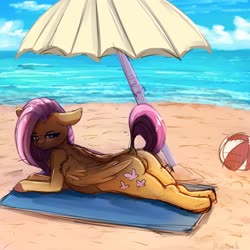 Size: 4000x4000 | Tagged: safe, artist:miokomata, fluttershy, pegasus, semi-anthro, anatomically incorrect, beach, beach ball, beach blanket, beach umbrella, blanket, butt, chest fluff, dock, female, floppy ears, freckles, incorrect leg anatomy, looking at you, mare, plot, prone, solo, sploot, umbrella