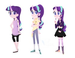 Size: 1085x844 | Tagged: safe, artist:sea--crystal, starlight glimmer, human, g4, age progression, boots, clothes, cute, dress, equal cutie mark, horn, horned humanization, humanized, kite, leggings, light skin, miniskirt, pleated skirt, shoes, skirt, smiling, socks