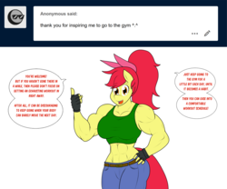 Size: 2048x1701 | Tagged: safe, artist:matchstickman, apple bloom, earth pony, anthro, matchstickman's apple brawn series, tumblr:where the apple blossoms, g4, abs, apple bloom's bow, apple brawn, biceps, bow, breasts, busty apple bloom, clothes, comic, deltoids, dialogue, female, fingerless gloves, gloves, hair bow, hand on hip, jeans, looking at you, mare, midriff, muscles, older, older apple bloom, pants, pecs, simple background, solo, speech bubble, sports bra, talking to viewer, tumblr comic, white background