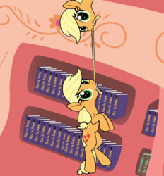 Size: 3685x3971 | Tagged: safe, artist:wenni, applejack, starlight glimmer, pony, series:pony re-watch, g4, look before you sleep, biting, book, bookshelf, boop, clone, duality, duo, golden oaks library, hanging, high res, looking at you, mouth hold, rope, scene interpretation, self ponidox, self-boop, swingjack, when you see it
