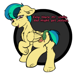 Size: 742x724 | Tagged: safe, artist:scarrly, oc, oc only, oc:apogee, pegasus, pony, snake, danger noodle, dialogue, female, filly, freckles, mare, snek, solo
