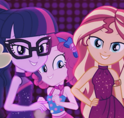 Size: 1138x1080 | Tagged: safe, screencap, pinkie pie, sci-twi, sunset shimmer, twilight sparkle, equestria girls, equestria girls series, g4, i'm on a yacht, spoiler:eqg series (season 2), armlet, clothes, cropped, dancing, dress, female, jewelry, lidded eyes, looking at you, neon eg logo, sleeveless, smiling, smiling at you