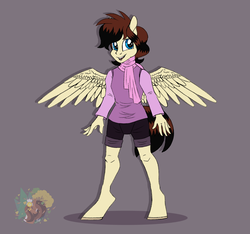 Size: 2300x2150 | Tagged: safe, artist:merienvip, oc, oc only, oc:shake, pegasus, anthro, unguligrade anthro, clothes, colt, high res, male, scarf, shirt, shorts, solo