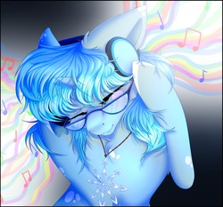 Size: 1280x1195 | Tagged: safe, artist:sketchytwi, oc, oc only, unnamed oc, pony, unicorn, eyes closed, female, glasses, headphones, jewelry, mare, music notes, necklace, smiling, solo