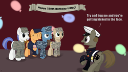 Size: 1920x1080 | Tagged: safe, artist:midwestbrony, pony, air force, army, balloon, birthday, butt, clothes, coast guard, marine, military, navy, plot, ponified, uniform