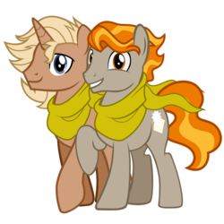 Size: 850x850 | Tagged: safe, oc, oc:cobbler, oc:flash paper, earth pony, pony, unicorn, 2020 community collab, derpibooru community collaboration, .svg available, base used, clothes, duo, looking at you, male, scarf, shared clothing, shared scarf, show accurate, simple background, smiling, stallion, svg, transparent background, vector