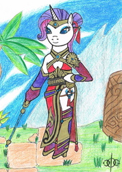 Size: 1140x1601 | Tagged: safe, artist:assertiveshypony, derpibooru exclusive, rarity, semi-anthro, g4, arm hooves, crossover, gun, jungle, lian, lian (paladins), paladins: champions of the realm, rifle, robes, traditional art, weapon
