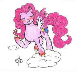 Size: 921x868 | Tagged: safe, artist:assertiveshypony, pinkie pie, pegasus, pony, g4, candy, cloud, colored wings, drawing, flying, food, g5 concept leak style, g5 concept leaks, on a cloud, pegasus pinkie pie, pinkie pie (g5 concept leak), race swap, simple background, smiling, wings