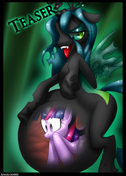 Size: 1000x1400 | Tagged: safe, artist:angeloid003, queen chrysalis, twilight sparkle, changeling, changeling queen, pony, unicorn, g4, belly, big belly, changelings eating ponies, chrysalispred, female, internal, mare, preylight, tongue out, vore, x-ray