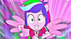 Size: 300x168 | Tagged: safe, rainbow dash, equestria girls, equestria girls series, run to break free, spoiler:eqg series (season 2), colored, female, huge smile, running, smiling, solo, wings