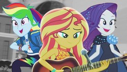 Size: 1280x720 | Tagged: safe, rainbow dash, rarity, sunset shimmer, equestria girls, equestria girls series, g4, let it rain, run to break free, the other side, spoiler:eqg series (season 2), black and white, crystal, geode of super speed, grayscale, guitar, magical geodes, mashup, microphone, monochrome, musical instrument, running, smiling, style, youtube, youtube link, youtube thumbnail