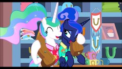Size: 1280x720 | Tagged: safe, screencap, princess celestia, princess luna, alicorn, pony, between dark and dawn, g4, achievement, cup, eyes closed, female, hairstyle, lotta little things, mare, medal, switch, thing, travel, winner
