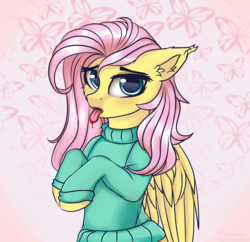 Size: 2400x2320 | Tagged: safe, artist:lakunae, fluttershy, bat pony, pegasus, pony, vampire, g4, bat ponified, blood, cheek fluff, clothes, cute, ear fluff, female, flutterbat, high res, mare, race swap, shyabates, shyabetes, simple background, solo, sweater, sweatershy, tongue out