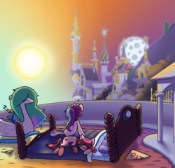 Size: 2035x1957 | Tagged: safe, artist:soulcentinel, pinkie pie, princess luna, starlight glimmer, pony, fanfic:twin fates, g4, alternate hairstyle, alternate universe, bed, boots, canterlot, choker, cover art, cute, fanfic art, female, implied, moon, scenery, shoes, sleeping, story included, sun, swanlestia, swimming pool