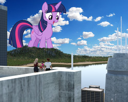 Size: 2600x2080 | Tagged: safe, artist:andoanimalia, artist:theotterpony, twilight sparkle, alicorn, human, pony, g4, 3d, 3d model, city, giant pony, high res, highrise ponies, macro, ocean, open mouth, people, sand, twilight sparkle (alicorn)