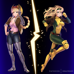 Size: 1000x1000 | Tagged: safe, artist:draltruist, applejack, human, g4, boots, breasts, bunnie rabbot, busty applejack, clothes, commission, cosplay, costume, female, henchmen, humanized, rogue (x-men), shoes, sonic the hedgehog (series), thigh boots, x-men