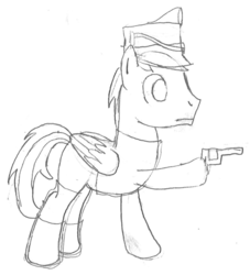 Size: 905x995 | Tagged: safe, artist:parclytaxel, oc, oc only, oc:mihály szekeres, pegasus, pony, series:nightliner, blank stare, gun, handgun, hat, male, monochrome, patreon, pencil drawing, pistol, pointing, revolver, sketch, solo, stallion, traditional art, weapon, wip