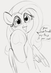 Size: 527x747 | Tagged: safe, artist:dotkwa, fluttershy, pegasus, pony, g4, cute, dialogue, female, fetish, frog (hoof), grayscale, hoof fetish, looking at you, mare, monochrome, open mouth, raised hoof, reaching, shyabetes, simple background, solo, speech bubble, talking to viewer, underhoof, wings