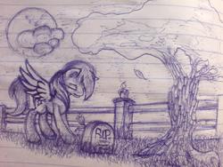 Size: 2048x1536 | Tagged: safe, artist:sa-loony, rainbow dash, pegasus, pony, g4, cloud, female, gravestone, grieving, lined paper, mare, monochrome, moon, pen drawing, rest in peace, solo, traditional art, tree