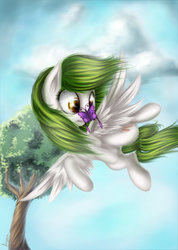Size: 753x1060 | Tagged: safe, artist:sa-loony, oc, oc only, butterfly, pegasus, pony, flying, solo, tree