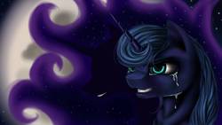 Size: 1192x670 | Tagged: safe, artist:sa-loony, nightmare moon, princess luna, alicorn, pony, g4, bust, crying, female, grin, horn, mare, moon, portrait, smiling, transformation