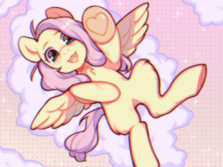 Size: 800x600 | Tagged: safe, artist:doggteethh, fluttershy, pegasus, pony, g4, chest fluff, chromatic aberration, cloud, cute, female, heart, hoof heart, looking at you, mare, on a cloud, on back, open mouth, reaching, shyabetes, smiling, solo, spread wings, stray strand, underhoof, wings