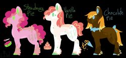 Size: 1280x591 | Tagged: safe, artist:lepiswerid, oc, oc only, oc:chocolate pie (lepiswerid), oc:strawberry pie (lepiswerid), oc:vanilla pie (lepiswerid), earth pony, pony, black background, colored hooves, female, male, marsverse, offspring, parent:cheese sandwich, parent:pinkie pie, parents:cheesepie, siblings, simple background, unshorn fetlocks